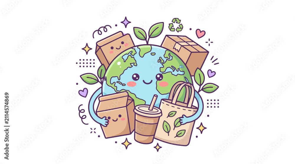 Fototapeta premium Happy Earth character holding eco-friendly recycled products.