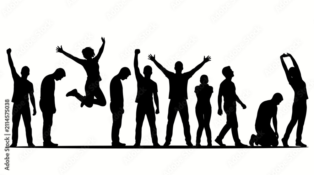 Fototapeta premium Group of diverse people silhouettes expressing different emotions and poses.
