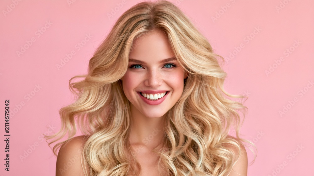 Naklejka premium Happy blonde woman with long healthy wavy hair smiling