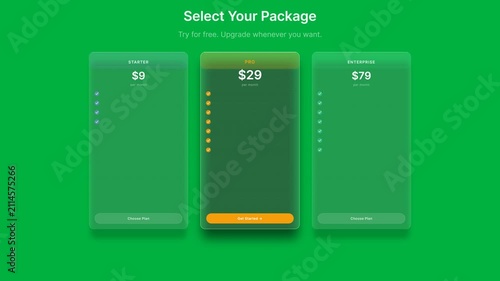 glassmorphic pricing table with three plans, green theme, digital subscription options for website