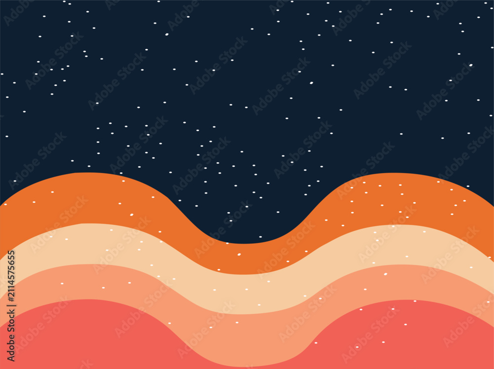 Fototapeta premium Abstract wavy landscape with starry night sky, retro 70s style vector illustration