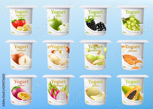 Set of fruit flavored yogurt cups isolated. Dairy dessert template, packaging design. Jar for fermented milk food. Healthy snack. Container mockup. Pot with foil cap. Realistic 3d vector illustration.