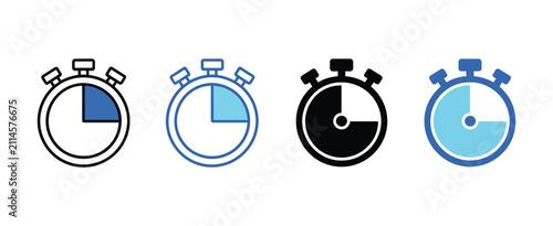 Clock icon set, stopwatch timer and watch symbols for time management, scheduling, deadline and productivity applications, clean modern vector illustration
