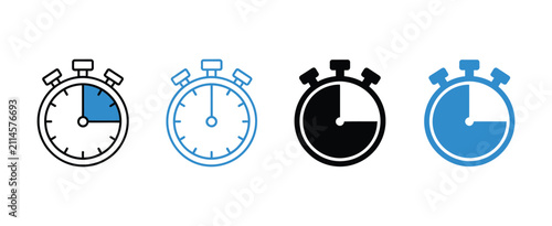 Clock icon set, stopwatch timer and watch symbols for time management, scheduling, deadline and productivity applications, clean modern vector illustration