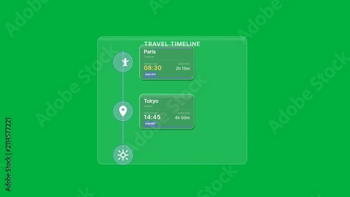 Glassmorphic travel timeline dashboard with animated destination cards, itinerary planning, trip