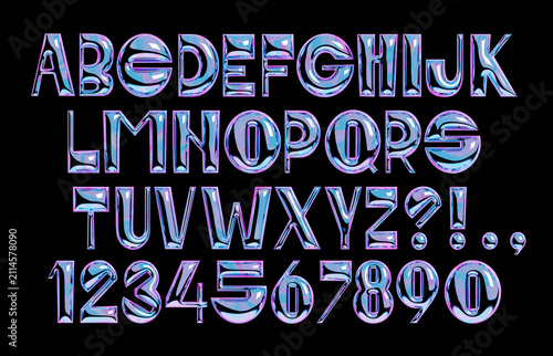 3d holographic bold font. Playful display font. Chrome metal letters and numbers. Y2K style block alphabet. Metallic surface with reflections