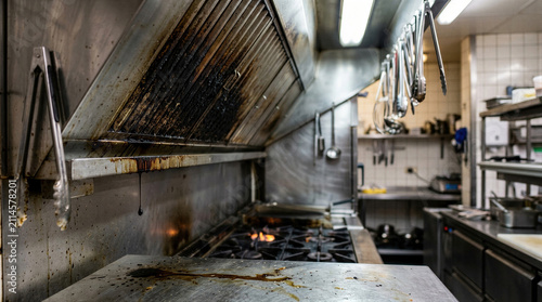 Dirty commercial kitchen exhaust hood with dripping grease and leaking oil. Unsanitary restaurant ventilation system with stove fire. Equipment malfunction and maintenance problem.