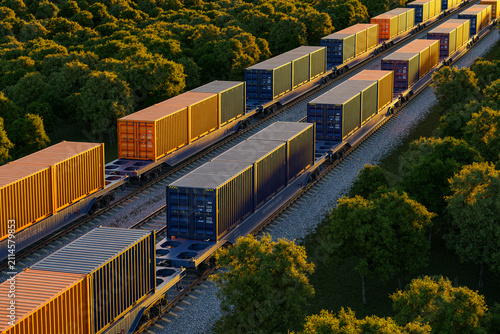 High angle view of intermodal cargo train carrying containers on rural rail