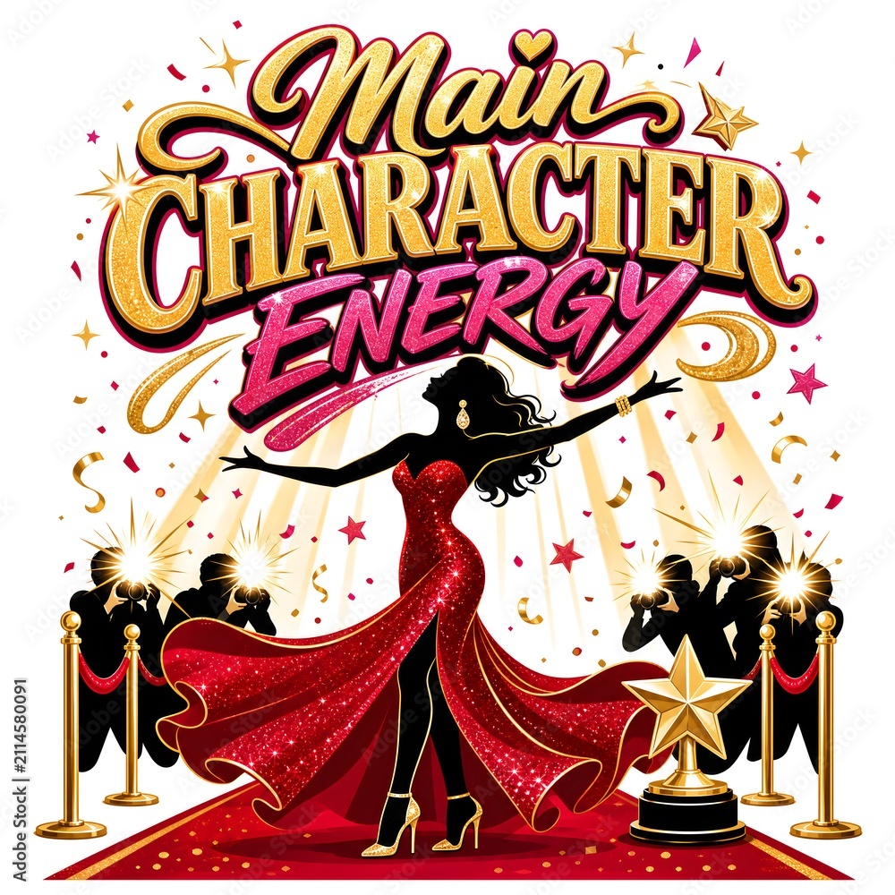 Fototapeta premium Glamorous Main Character Energy Typography Design Featuring Woman Silhouette in Red Dress on Red Carpet for Merchandise Print