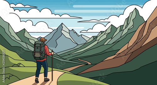Hiker walking on mountain trail illustration