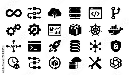 Foto DevOps Black Style Icon Set with CI CD Automation Cloud and Software Development