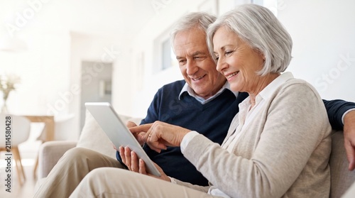 An elderly couple sits on a couch in their living room. They smile and share a moment as they look at a tablet. The room feels warm and welcoming with soft furniture