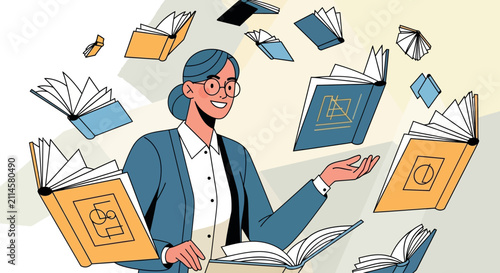 Woman surrounded by flying books in vector illustration