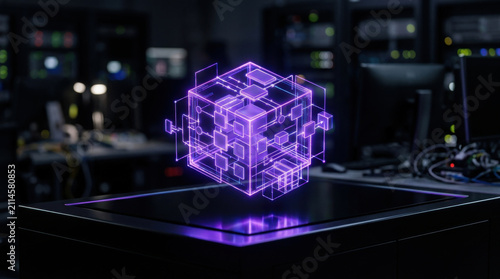 Computing framework concept, glowing purple cube above dark screen in server room