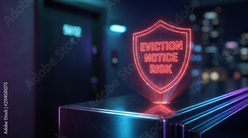 Eviction notice risk shield sign in neon light on dark office desk, warning of legal danger and empty room