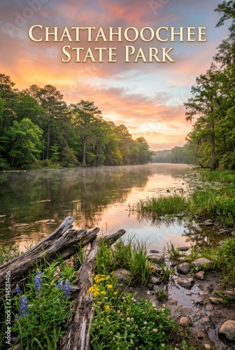 Chattahoochee State Park Alabama a Scenic Sunset Over Peaceful River With Forest Trees And Reflective Water In Nature State Park Landscape