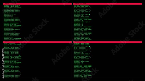 Source code snippets scrolling in multiple terminal windows with green text and highlight bars for software development tech background