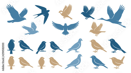Cuadro en lienzo Blue and brown bird silhouettes in various poses.