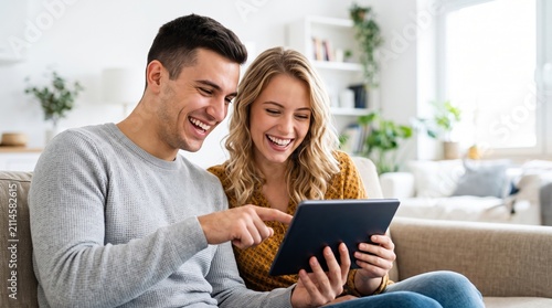 A young couple sits on a couch in their living room. They share a moment as they look at a tablet and smile at each other. Sunlight shines through the windows
