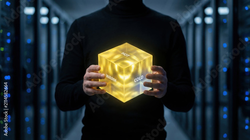 Glowing cube in dark server room with hands and data center background