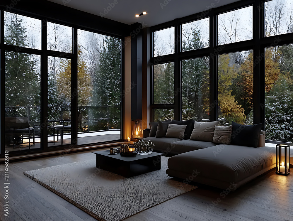 Fototapeta premium Cozy modern living room with large windows overlooking a snowy forest landscape