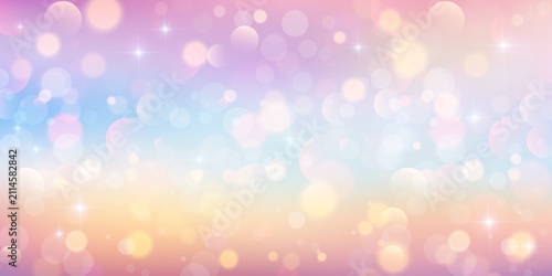 Sparkling pink and purple bokeh lights and magical atmosphere. Glittering gradient background with dreamy pastel tones. Fantasy unicorn theme with iridescent glow effects.