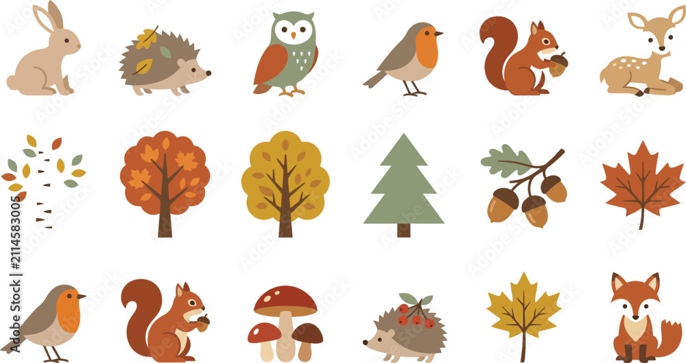 Obraz premium Set of cute forest animals and woodland plants in a flat vector style for design projects Vector