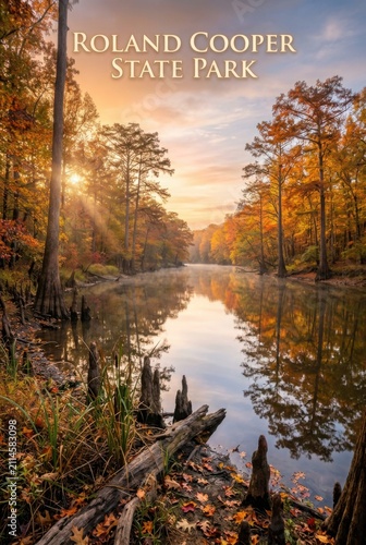 Roland Cooper State Park Alabama a Breathtaking Autumn Sunrise Over A Tranquil Forest River Reflecting Golden Fall Foliage In A Serene Wilderness Setting