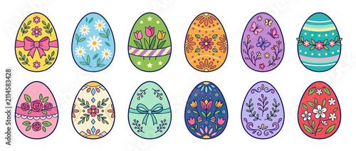 Cuadro en lienzo Collection of Decorated Easter Eggs with Floral Patterns