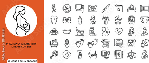 Pregnancy and maternity linear icon set linear style icons for Baby Face, Newborn Baby, Baby Sleeping, Baby Crawling
