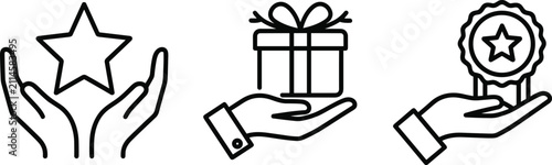 Set of hand holding icons, including star, gift box, and award badge