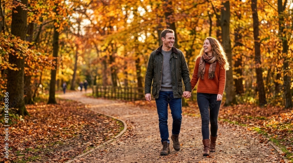 Fototapeta premium Couple Holding Hands Walking in Autumn Forest Path with Colorful Foliage
