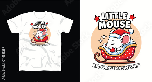 Little mouse big christmas wishes t-shirt design with cute sleeping rodent.