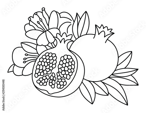 Línea en blanco y negro de granadas y flores