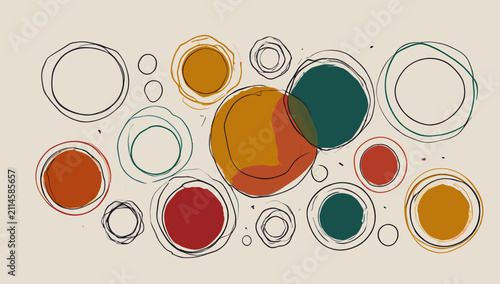 Photography Abstract composition of overlapping circles and organic shapes in warm earthy tones and teal, with hand-drawn sketchy outlines
