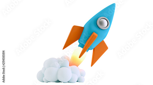 Fotografie Blue and orange rocket launching with smoke and fire