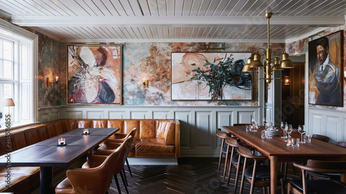 Elegant restaurant dining room features leather banquettes, wooden tables, modern artwork and brass lighting in a refined interior.
