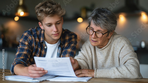 Adult son helps his elderly mother review medical and insurance paperwork at a kitchen table, reflecting role reversal, family caregiving, health decisions and late-day fatigue.