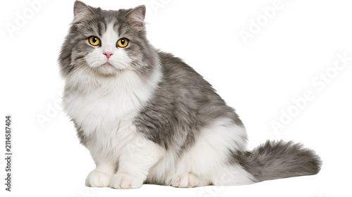 фотографія Fluffy grey and white cat with yellow eyes sitting