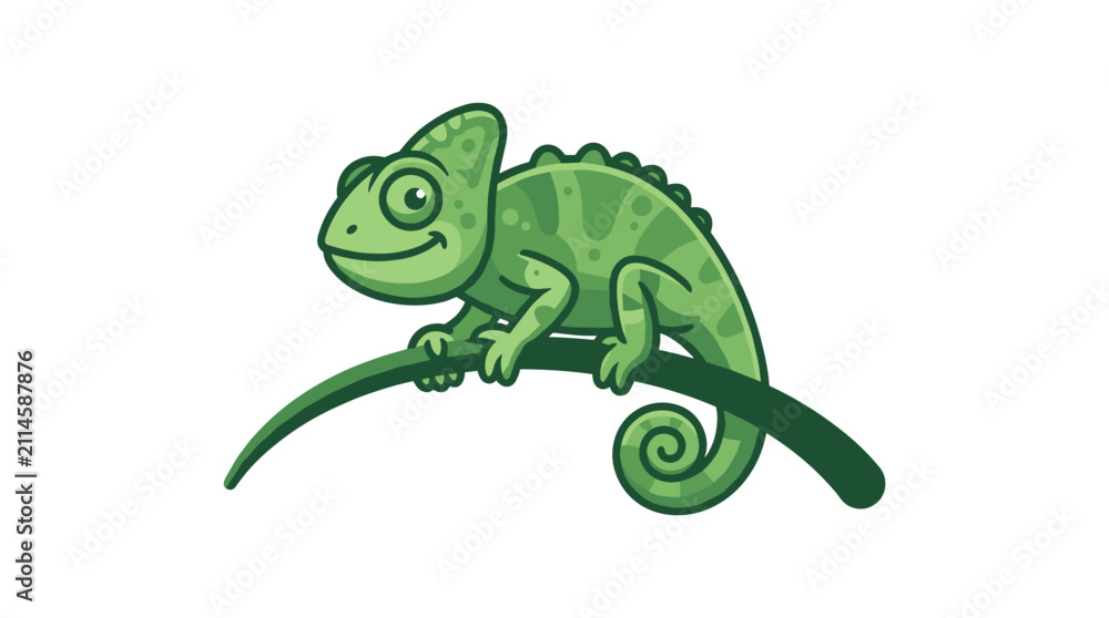 Fototapeta premium Smiling Chameleon On Curved Branch Detailed Vector Graphic