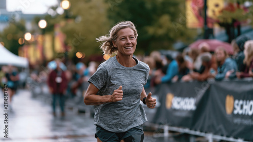 Experienced female marathon runner breaks the finish tape on a rain-soaked early morning course, with medal volunteers, cheering spectators, barriers and sponsor banners.