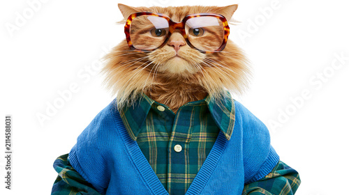Fluffy ginger cat wearing glasses and blue cardigan over plaid shirt