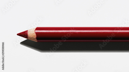 A sharpened red colored pencil lies horizontally on white paper, casting a bold geometric shadow in strong light.