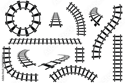 Railway icon set. Railway tracks train curved silhouette. Vector isolated on white.