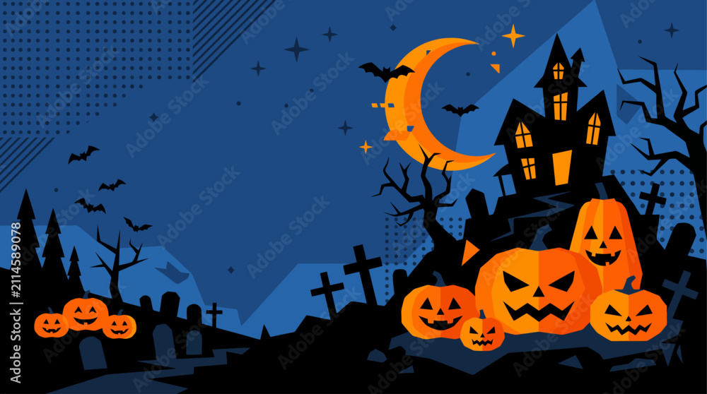 Fototapeta premium Spooky Halloween landscape with haunted house crescent moon graveyard and glowing carved pumpkins in dark blue flat vector style