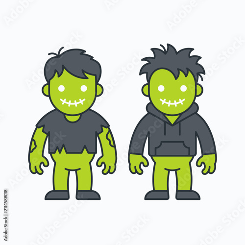 Cute green zombie boy cartoon characters set vector illustration