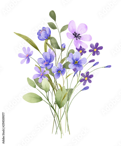 Violet flowers watercolor, floral botanical illustration, clipart. Bouquet perfectly for sublimation and printing design on invitations, cards, posters and other. Hand drawing.
