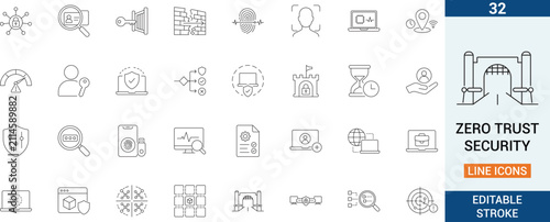 Zero trust security thin line icon set with editable strokes, featuring identity checks, least privilege, device trust, segmentation, and monitoring for secure IT platforms.