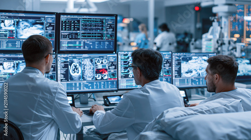 Three medical specialists analyze diagnostic scans and patient data across multiple monitors in a modern hospital control room.