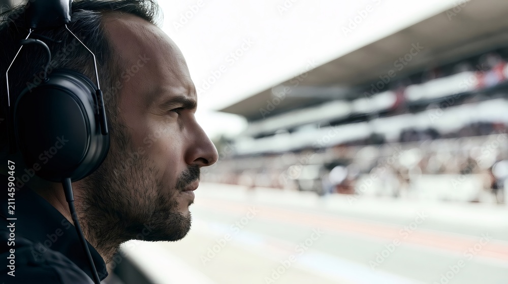 Fototapeta premium Man watching car race with headphones on track sideline